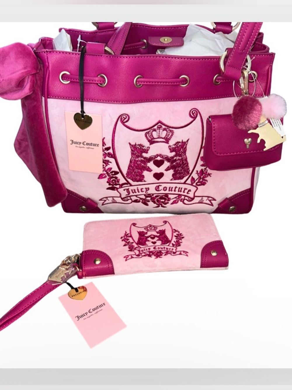 JUICY COUTURE VINTAGE SCOTTIE DOG PINK NEW LOVE CHAPTER VELOUR TOTE & WALLET SET